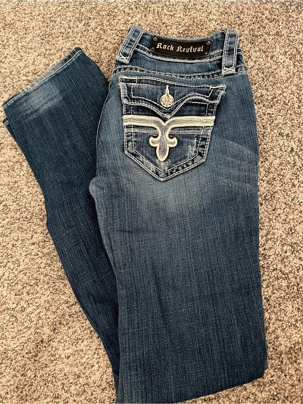 Rock Revival Blue Denim straight Jeans with Embroidered Pockets